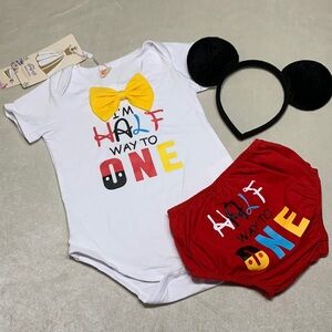 NWT Half way to One Mickey Mouse onesie, shorts, ears 6-12 m Disney IBTOM Castle